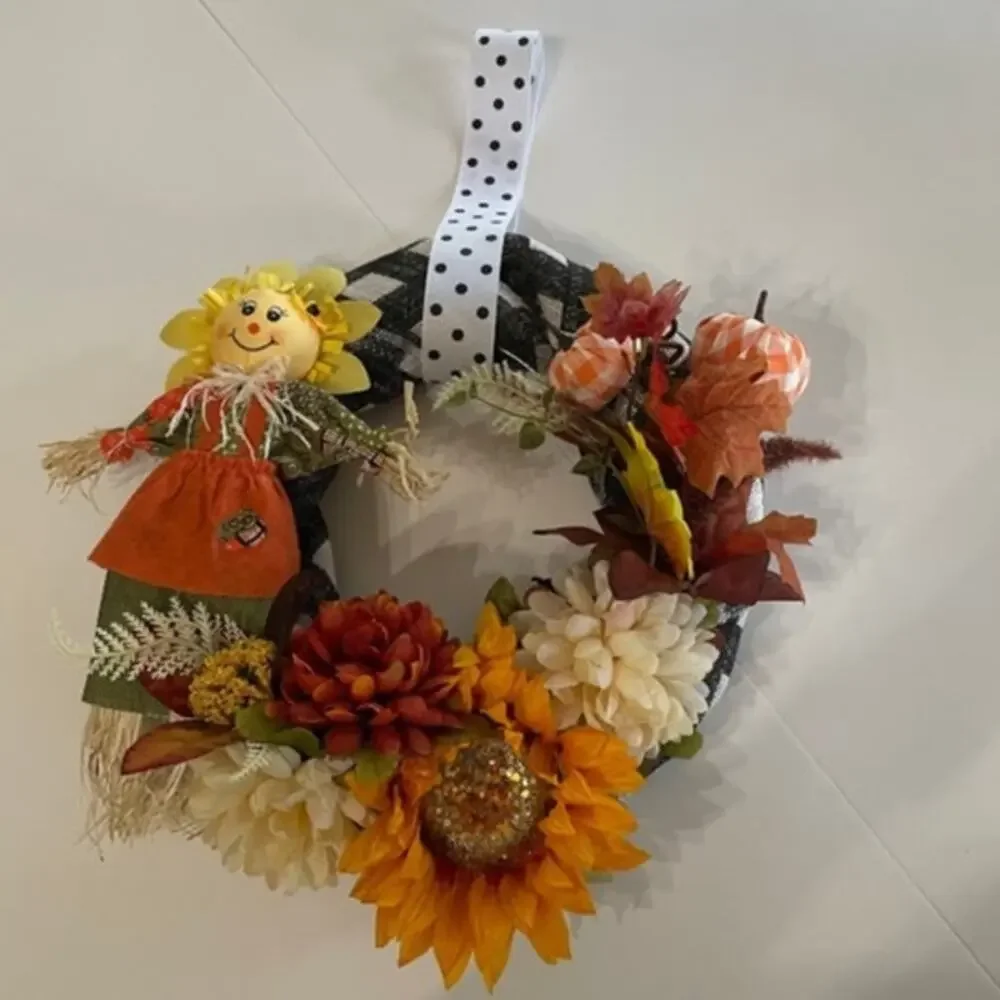 Handmade Buffalo Check Scarecrow Fall Wreath Sunflower Burlap